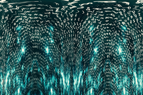 Blue matrix digital background. Distorted cyberspace concept. Characters fall down. Matrix from symbols stream. Virtual reality design. Complex algorithm data hacking. Cyan digital sparks.