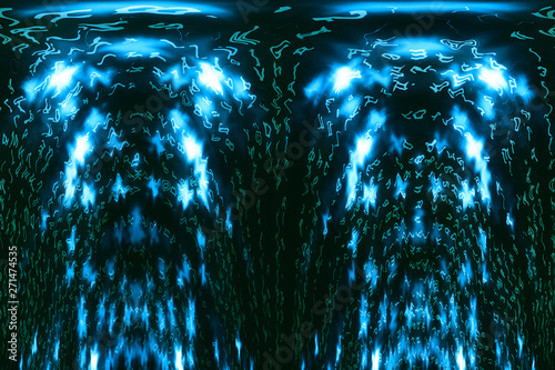 Blue green matrix digital background. Distorted cyberspace concept. Green characters fall down. Matrix from symbols stream. Virtual reality design. Complex algorithm data hacking. Cyan digital sparks.