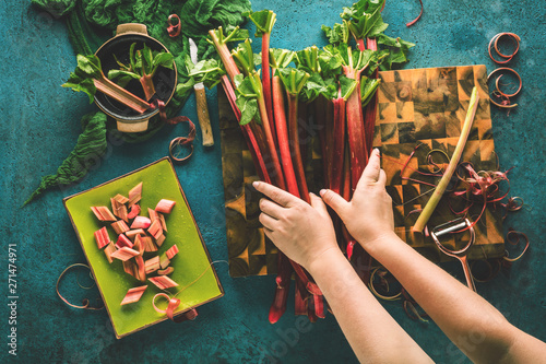 Fotografie cropped shot of person holding fresh ripe healthy rhubarb stalks