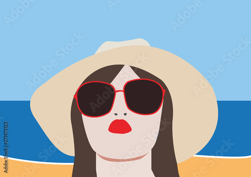 Vector of woman with hat and sunglasses with beach and sea background for vacation concept