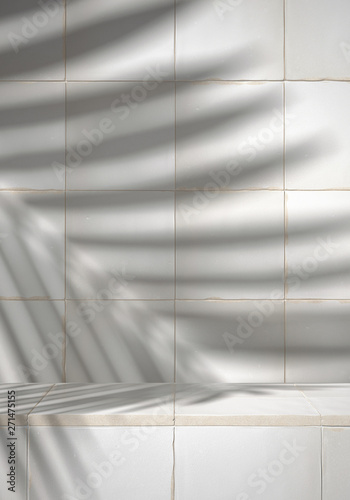 Cosmetic background for product presentation. White rustic Moroccan ceramic tile step with shadow of leaf. 3d rendering illustration. - Illustration