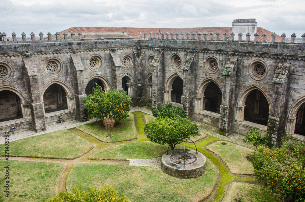 View of the lovely cloister garden from the upper storey of the Cathedral of Evora, in Portugal.