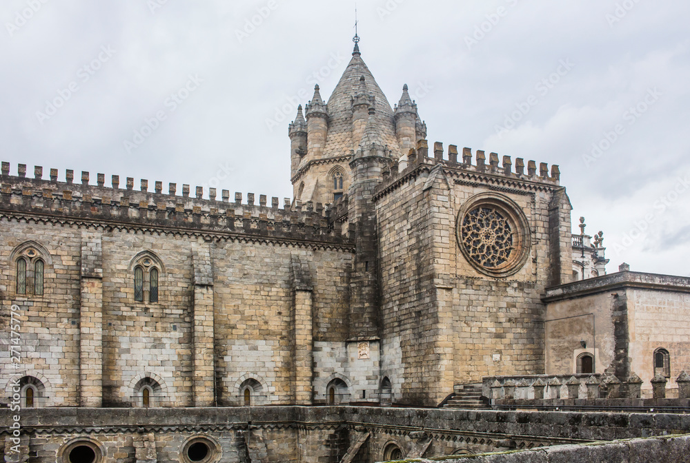 Cathedral of Evora seen from the upper storey of the cloisters. Gothic architecture in Portugal.