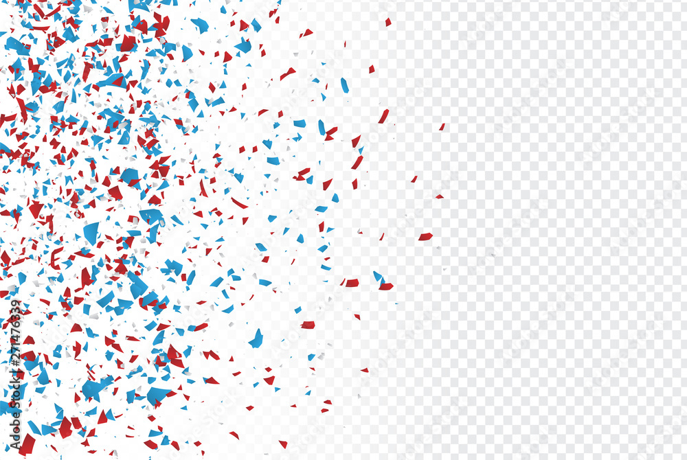 4th of July American Independence day backdrop with confetti scattered paper in blue, red, and white traditional colors on transparent background.