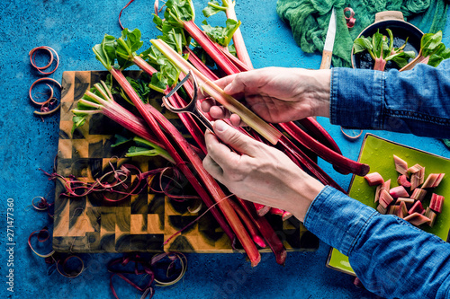 Cuadro en lienzo cropped shot of person holding fresh ripe healthy rhubarb stalks