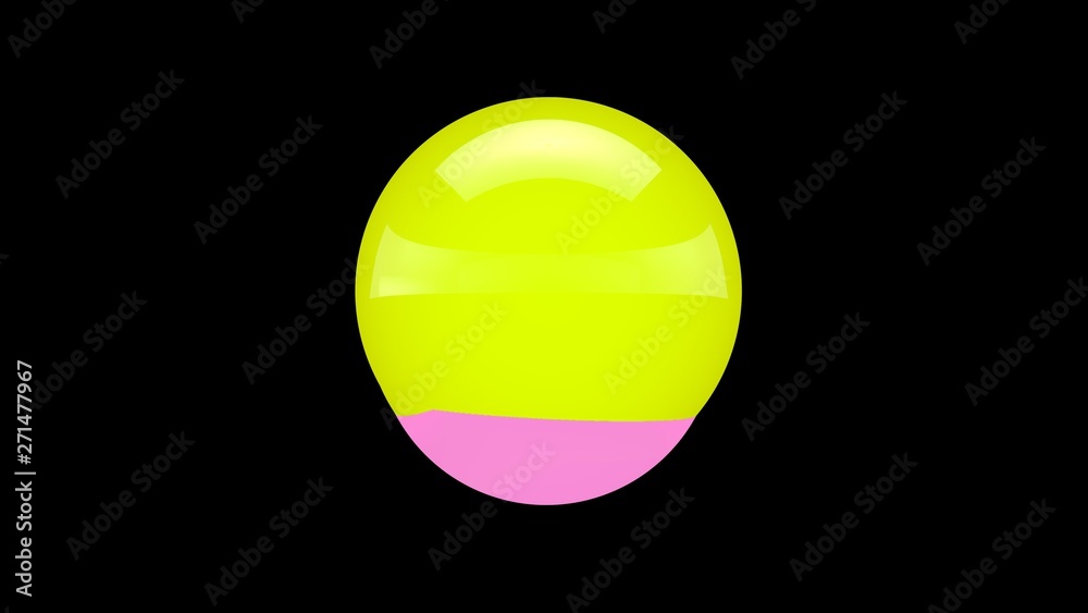 3D illustration of a yellow ball from which a pink ball is born, on a black background. Abstract representation of a perfect geometric figure. 3D rendering