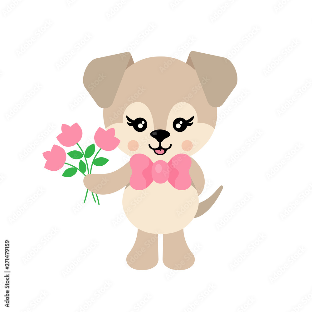cartoon cute dog with bow and flowers