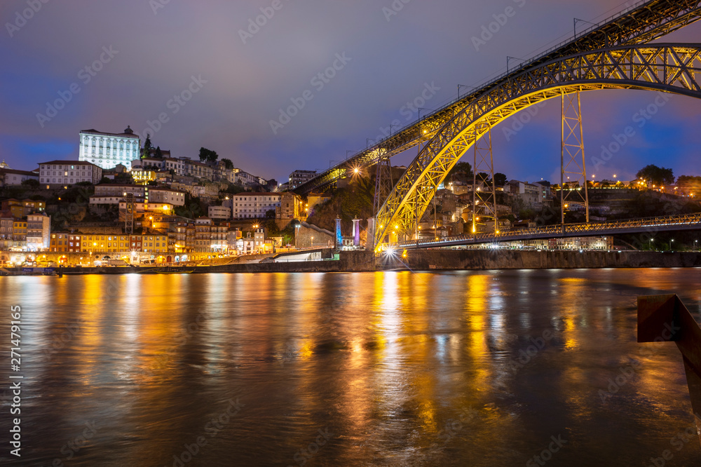 The Dom Luis I bridge at night, Porto, Portugal.