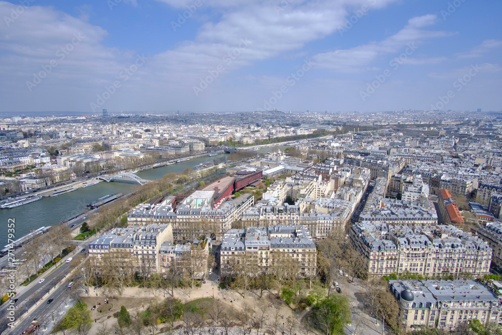 Scenic aerial view of famous old touristic historic city Paris. Beautiful summer happy look of popular touristic ancient capital of France