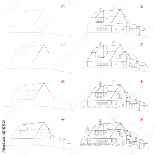 How create step by step pencil drawing. Page shows how to learn successively draw cute country house. Print for artists school textbook. Developing skills for design. Hand-drawn vector image.