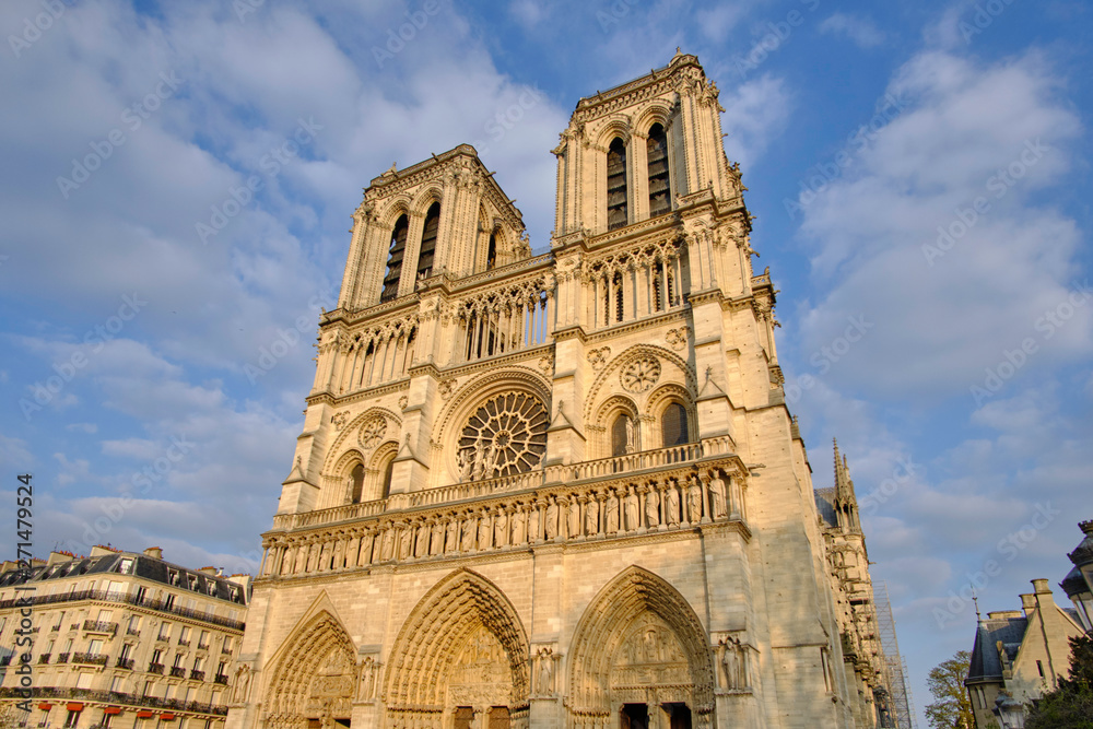 Scenic view of catholic cathedral of Our Lady of Paris (Notre-Dame de Paris) in old touristic historic city Paris. Beautiful summer happy look of old christian temple in ancient capital of France