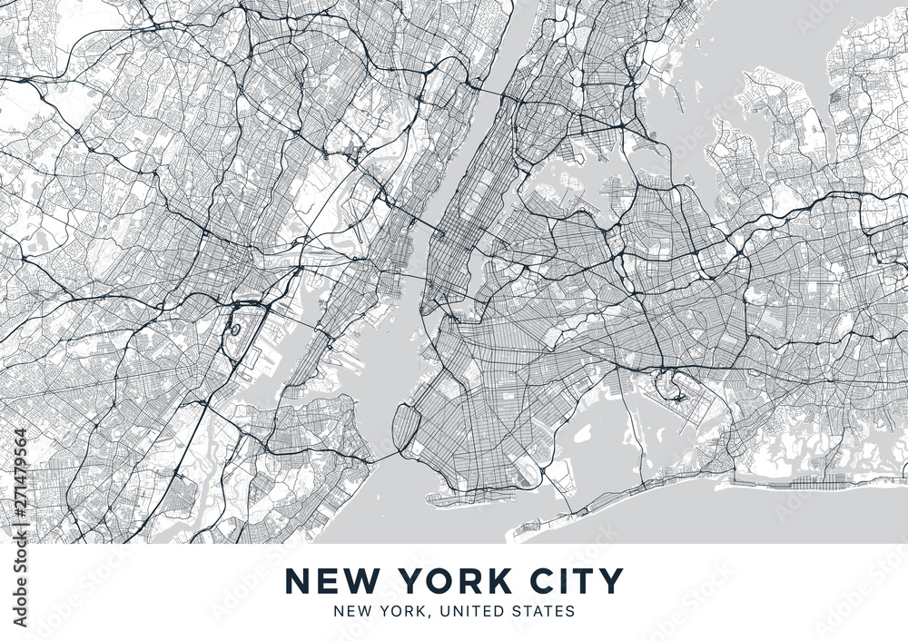 New York City (NYC, NY) map. Light poster with map of New York City (New York, United States). Highly detailed map of The 