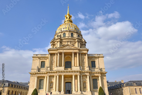 Scenic view of catholic cathedral  Les Invalides  in old touristic historic city Paris. Beautiful summer happy look of old christian temple in ancient capital of France