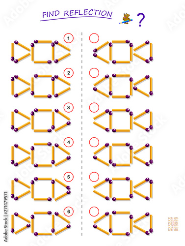 Logic puzzle game for kids. Need to find correct reflection for each set of matchsticks. Printable page for brainteaser book. Developing children spatial thinking. Vector cartoon image.