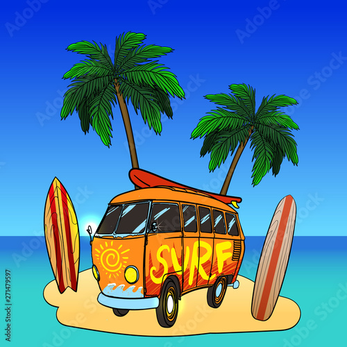 Old fashion bus with palm trees. Retro surf bus, surf symbols.