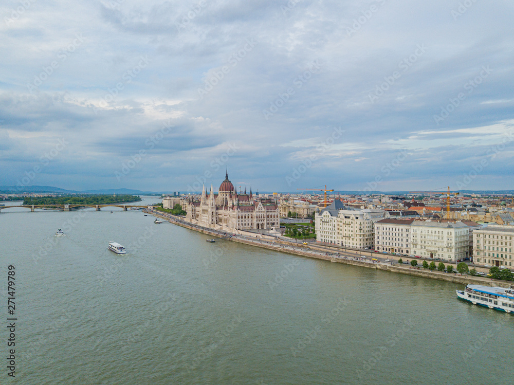 Aerial Danube panorama with a view of Hungarian Parliament building in central Budapest