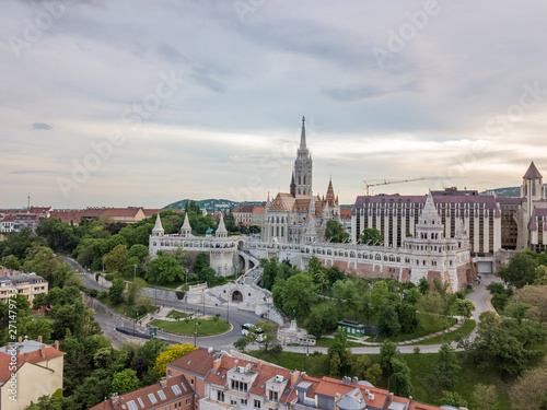 Aerial scenic view of the Fisherman Bastion on Buda side of modern Budapest, Capital city of Hungary