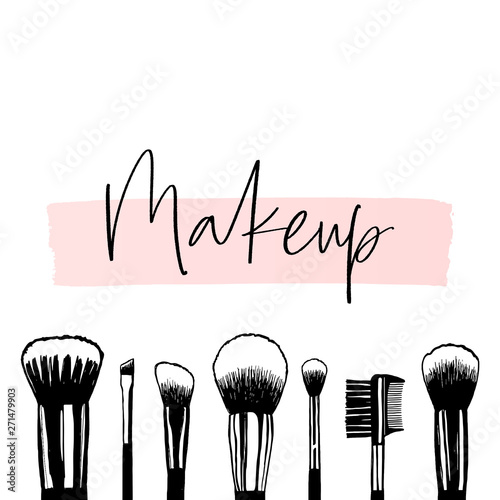 Makeup banner with brushes, template for makeup artist. Hand drawn vector illustration