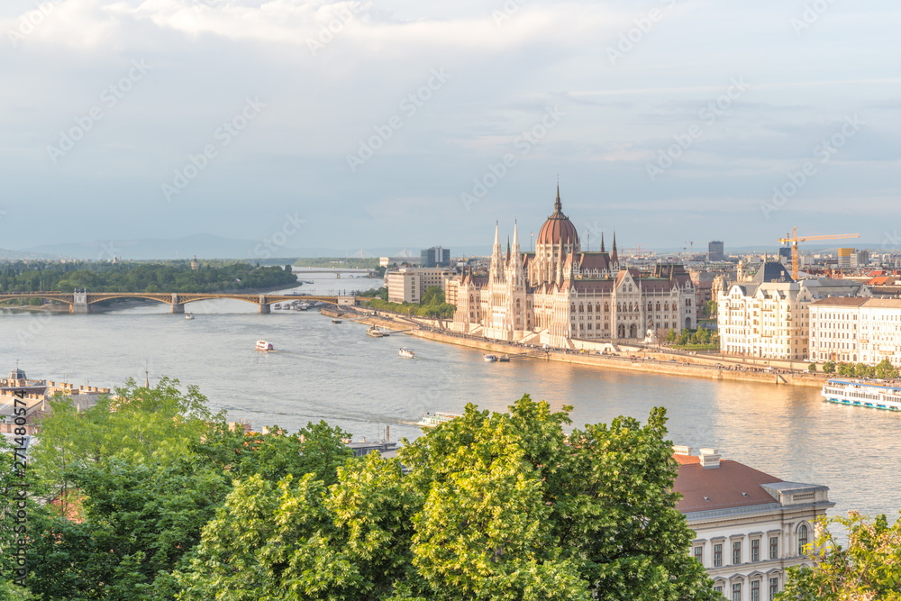 Aerial Danube panorama with a view of Hungarian Parliament building in central Budapest