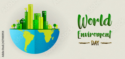 Environment Day banner of green city and earth