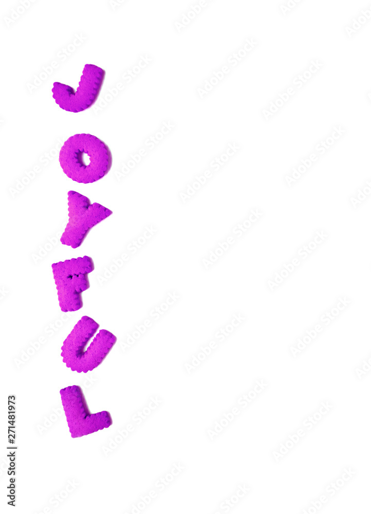 Vertical image of text JOYFUL spelled with vivid purple color alphabet shaped cookies on white background Vertical image of text JOYFUL spelled with vivid purple color alphabet shaped cookies on white background