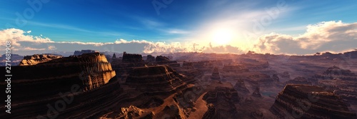 Canyon at sunset, the sun over the canyon, stone wasteland, 3D rendering