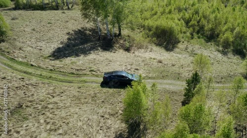 Aerial view; drone flying over a black car moving on a country road between birch trees; green field and forest with swaying foliage; travel in a countryside through the forest and rural terrain