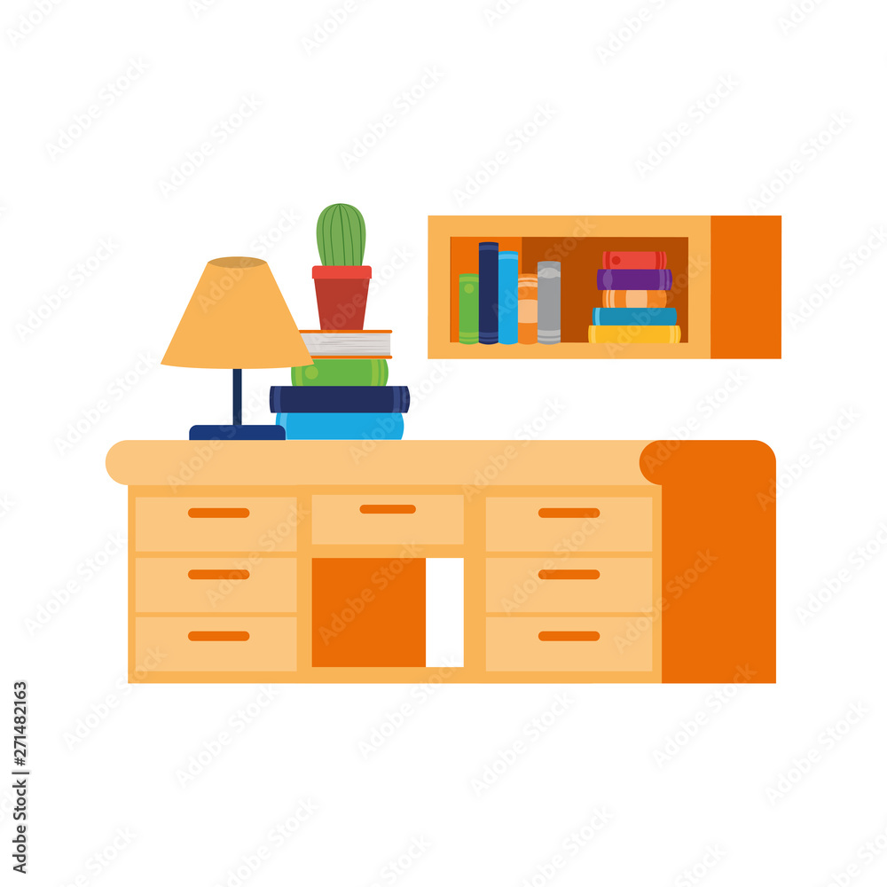 desk and shelving with stack of books on white background desk and shelving with stack of books on white background