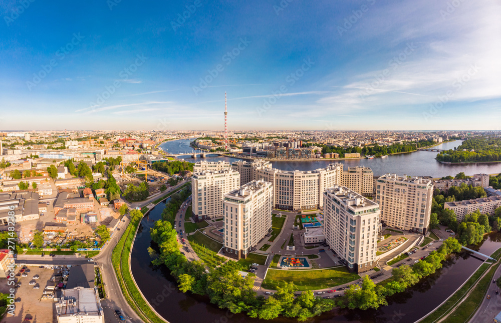 SAINT-PETERSBURG, RUSSIA - June 3, 2019: Beautiful aerial top view at new elite residential complex 