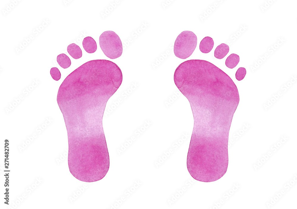 Watercolor hand drawn baby pink foot print isolated on white background Watercolor hand drawn baby pink foot print isolated on white background
