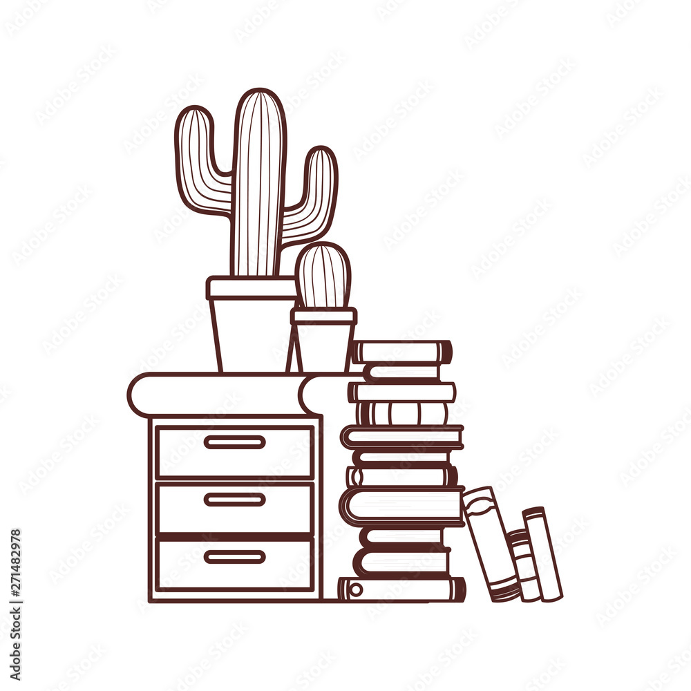 Obraz premium silhouette of wooden drawer with stack of books