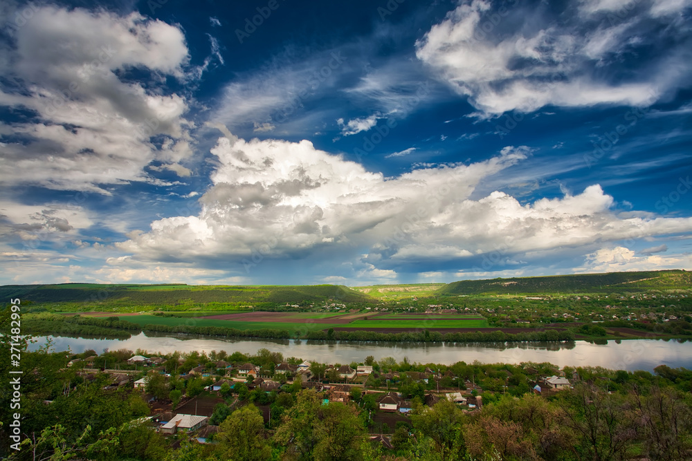 Summer landscape panorama with the river. Dniester river, Moldova. Steadicam shot.