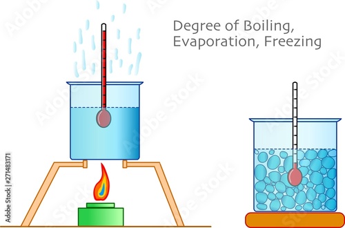 Water boiling, freezing, melting degrees. Evaporation. . Liquids degrees. Thermometer, test cups, temperature gauge and cooker. Physics, chemistry examples.  Study,  2d drawing, vector illustration