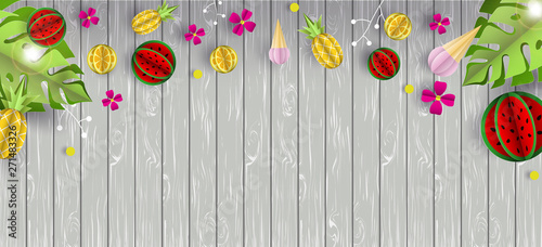 Vector summer background with wooden texture and tropical fruits. Lemon, water-melon, pineapple and ice cream paper cut volume 3d. Use for website, banner, card