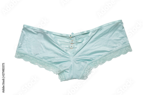 Underwear woman isolated. Close-up of luxurious elegant turquoise or light blue lacy panties isolated on a white background. Back site.
