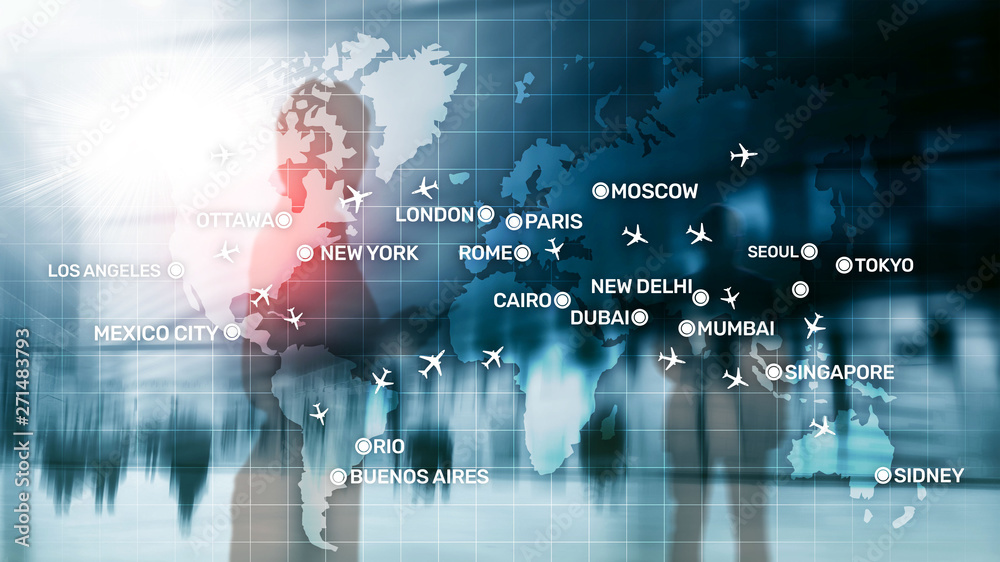 Global Aviation Abstract Background with planes and city names on a map. Business Travel Transportation concept. Global Aviation Abstract Background with planes and city names on a map. Business Travel Transportation concept.