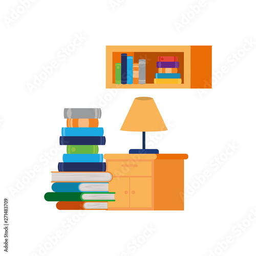 shelving with books and wooden drawer