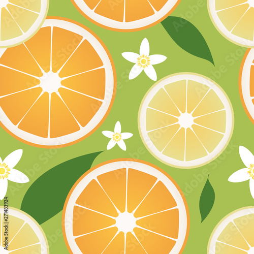 Seamless pattern of lemon and orange slices and orange blossom flowers