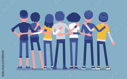 Group of teen friends rear view. Young people, teenager boys and girls standing together, adolescent unity. Vector illustration with faceless characters, full length portrait