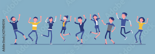 Dancing group of happy people. Friends, young party people, teenager boys, girls together, adolescent unity. Vector illustration with faceless characters, full length portrait