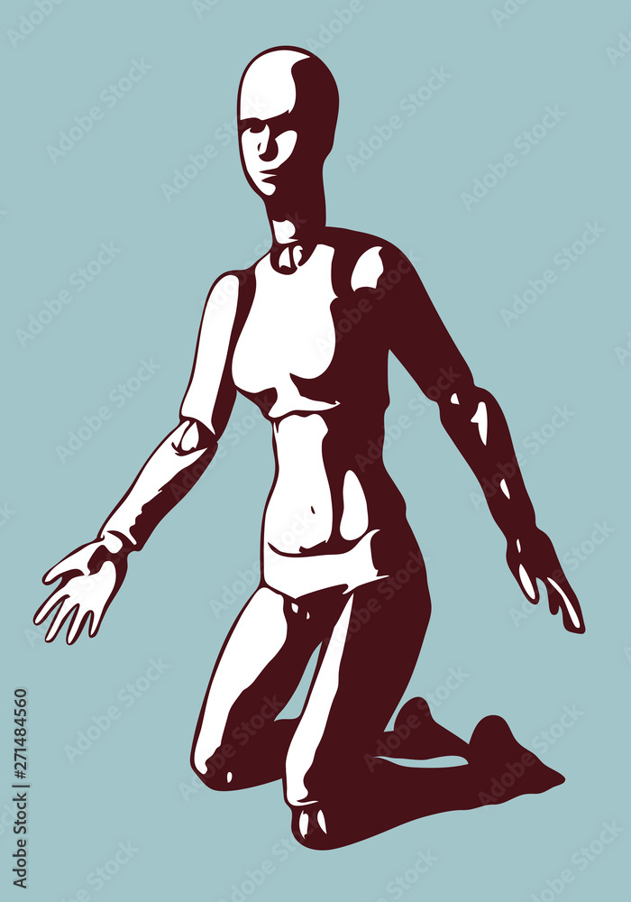 Fototapeta premium Marionette 7, vector illustration. Emotional doll. Android female