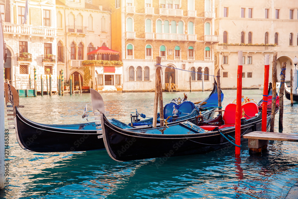 Row gondolas boats on Grand Canal Venice. Concept banner site.