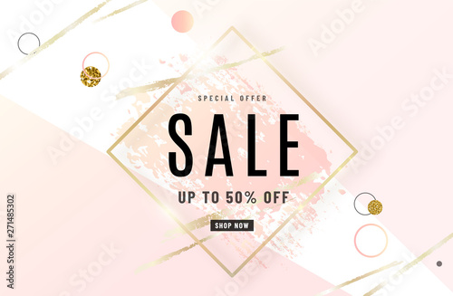 Fashion sale banner design background with gold frame, watercolor rose pink brush, special offer text, geometric elements. Up to 50 percent OFF. Vector illustration