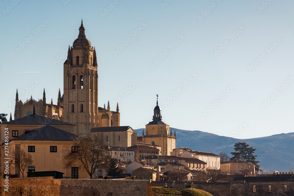 View of Segovia with gothic cathedral, typical old houses, city wall. nigth, pinnacles and tower. Segovia, Spain