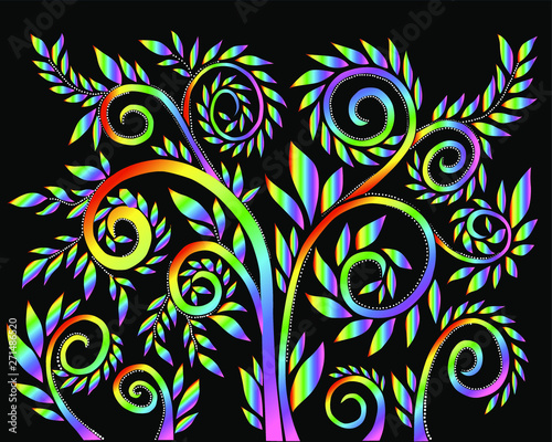 Multicolored vegetable ornament of curls and leaves on a black background