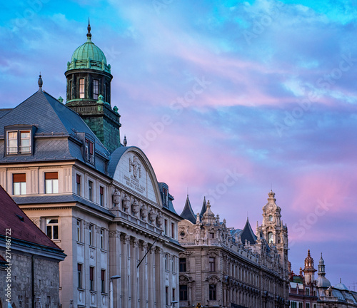 Nice sunset over the houses in the old town of Budapest