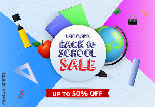 Sale poster design with globe, marker pen and copybook pages and covers in background. Back to school sale flyer design with school supplies. Vector illustration can be used for banners, ads, signs