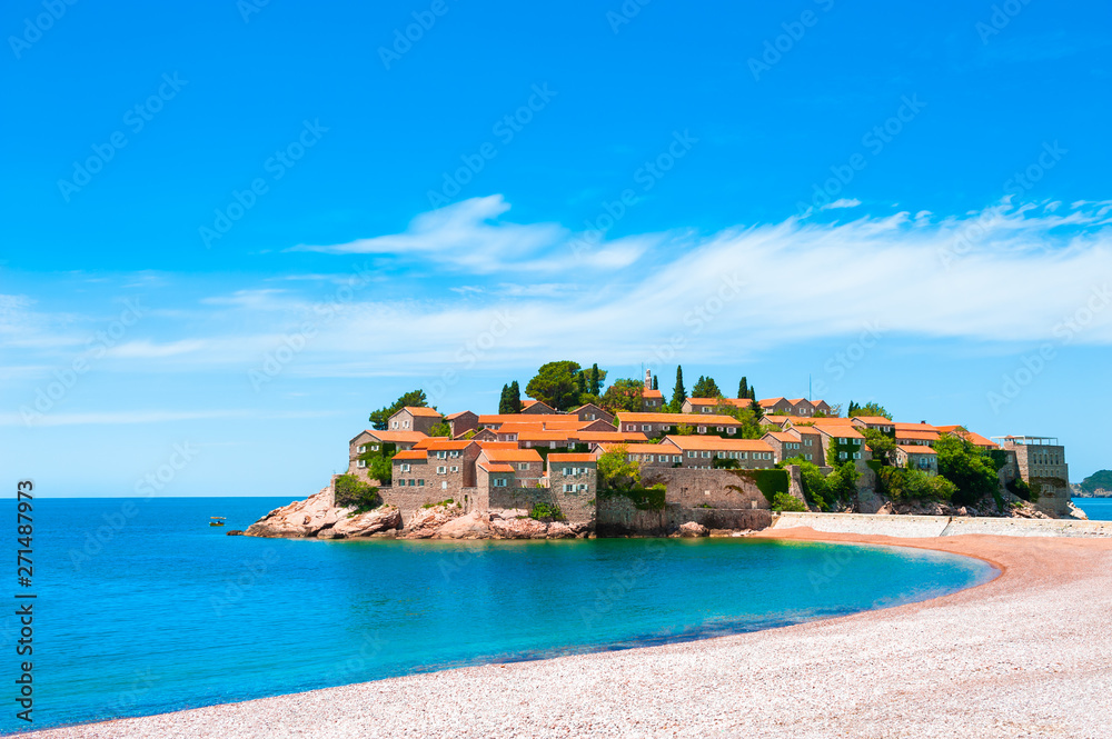 Sveti Stefan island near Budva, Montenegro. Luxury resort with beautiful beach at Adriatic sea. Famous travel destination