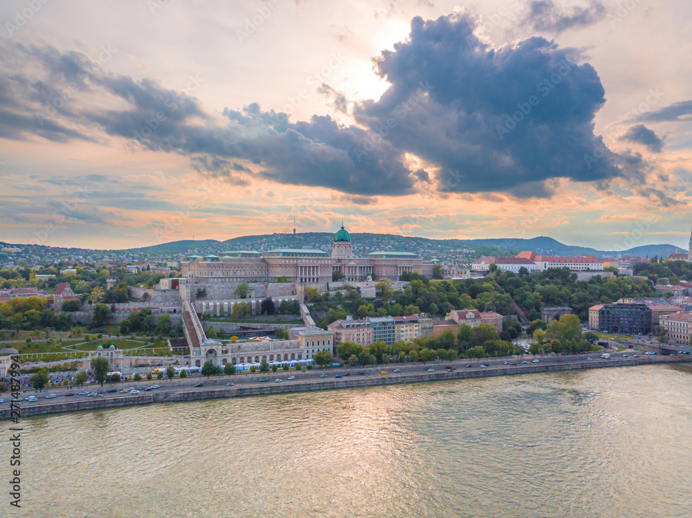 Aerial of Danube river panorama with a view on Buda castle and Chain Bridge in central Budapest