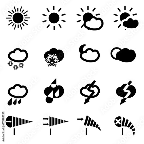 Weather icon set. Symbols of sun, rain, clouds, moon, rain, wind, snow and other meteo conditions for web and mobile apps using